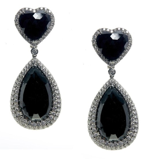 PAIR OF 18CT WHITE GOLD, COLOURED DIAMOND AND DIAMOND PENDANT EARRINGS Please note that the diamonds of black tint have not been tes...