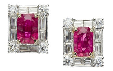 PAIR OF 18CT WHITE GOLD, RUBY AND DIAMOND EARRINGS Accompanied by: a GRS reports numbered GRS2018-111686, dated 16 November 2018, st...
