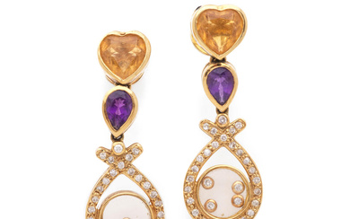 PAIR OF CITRINE, AMETHYST AND DIAMOND EARRINGS PAIRE DE BOUCL...