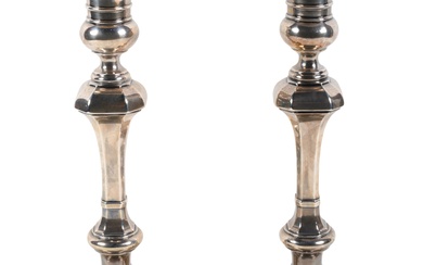 PAIR OF CRICHTON (ENGLAND) SILVER WEIGHTED CANDLESTICKS, Height: 11 1/2 in. (29.2 cm.)