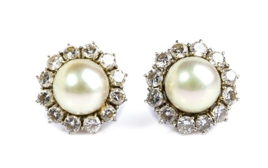 PAIR OF PEARL, DIAMOND AND GOLD EARRINGS
