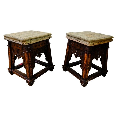 PAIR OF VICTORIAN 'GOTHIC' OAK STOOLS IN THE MANNER OF BLAIN...
