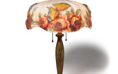 PAIRPOINT (1900-1970) Roses Table Lamp circa 1920 interior painted glass,...
