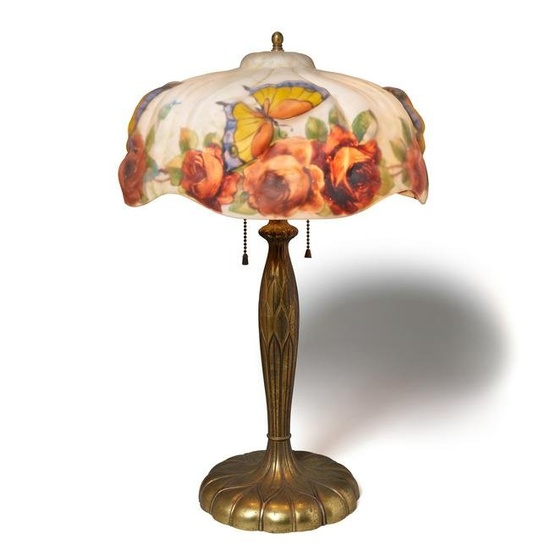 PAIRPOINT (1900-1970) Roses Table Lampcirca 1920interior painted glass, gilt metal, stamped 'The...