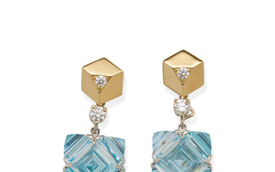 PAOLO COSTAGLI |PAIR OF BLUE TOPAZ AND DIAMOND PENDENT EARRRINGS