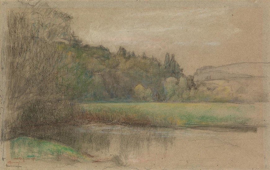 PASCAL DAGNAN-BOUVERET (Paris 1852-1929 Quincey) A Landscape near Quincey, France. Color pastels and...