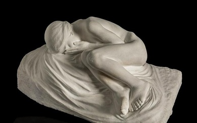PAUL ALBERT BARTHOLOMÃ‰ (Thiverval, 1848 - Paris, 1928). "Young girl crying on a rock". Plaster.