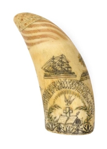 POLYCHROME SCRIMSHAW WHALE'S TOOTH WITH LADY LIBERTY AND OTHER PATRIOTIC IMAGES Obverse depicts Lady Liberty holding a flag in her l..