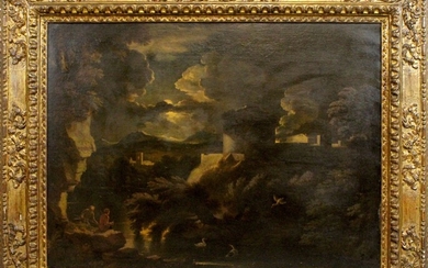 Paesaggio fluviale con pescatori al chiaro di luna, olio su tela, cm 72x98, entro cornice, Pieter Mulier Cavalier Tempesta ( Haarlem, 1637 - Milano, 1701)