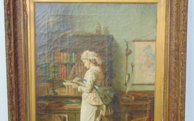 Painting, maid reading a book in study, J.D. Stevens, oil on canvas, relined, canvas is 27.5" by