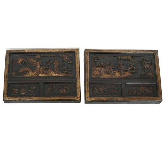 Pair Chinese Gilt Carved Wall Panels
