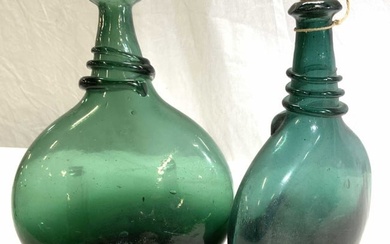 Pair Heavy Green Art Glass Bottles / Flasks
