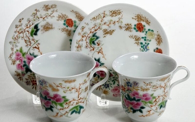Pair Japanese Export Enameled Cups and Saucers