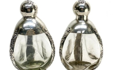 Pair Maciel Mexico Sterling Silver Overlay and Glass 3 Walled Pinched Decanters