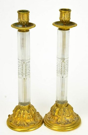 Pair Neoclassical Crystal Gilded Brass Candlestick