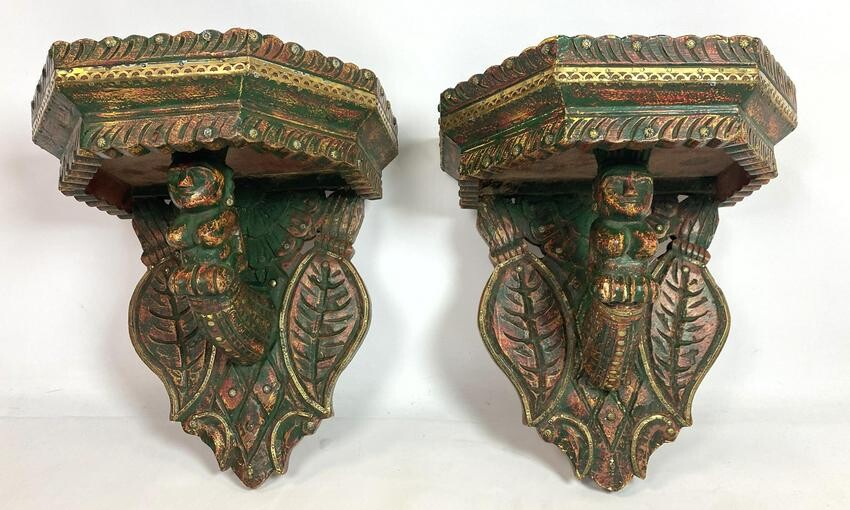 Pair Paint Decorated Carved Wood Shelf Brackets.