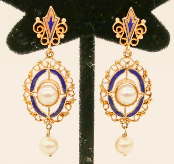 Pair Victorian 14k Cobalt Enameled Pearl Earrings