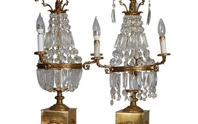 Pair Vintage French Empire Brass & Crystal Candelabra