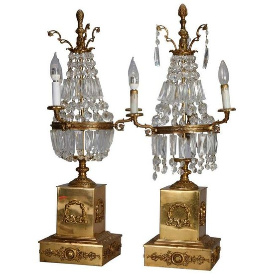 Pair Vintage French Empire Brass & Crystal Candelabra