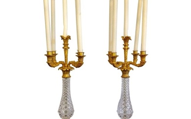 Pair of Baguès Style Cut Crystal and Gilt Brass Table Candelabras or Lamps