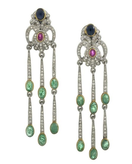 Pair of Diamond and Colored Gemstone Earrings