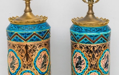Pair of French Faience Pottery Gilt Metal Lamps