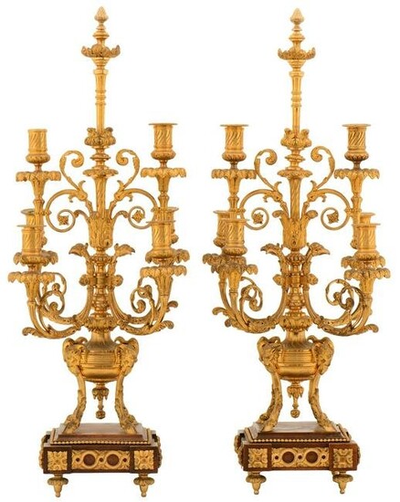 Pair of French Gilt Bronze & Rouge Marble Candelabra
