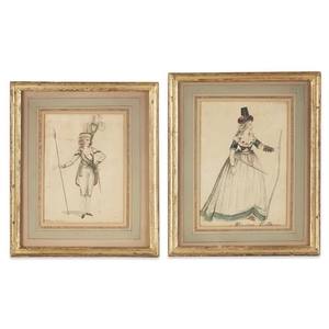 Pair of French fashion watercolors on paper, a gentleman...