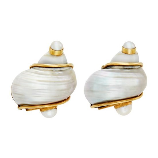 Pair of Gold, Shell and Cultured Pearl 'Turbo Shell' Earclips, Seaman Schepps