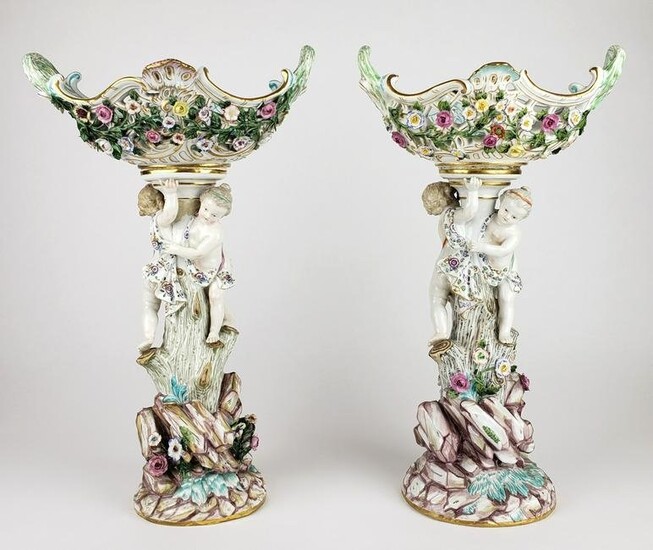 Pair of Large 19th C. Meissen Porcelain Figural Floral