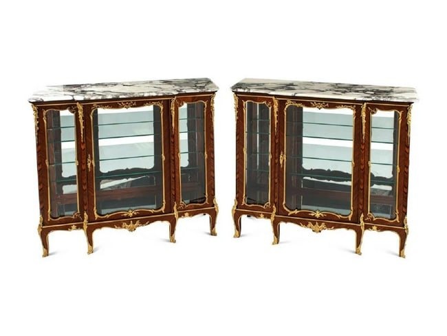Pair of Louis XV Style Gilt Bronze Mounted Kingwood and Rosewood Marble-Top Vitrine Cabinets