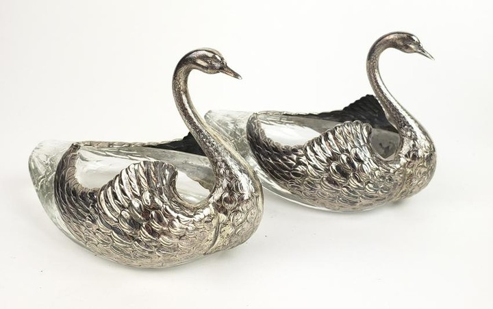 Pair of Sterling & Crystal Figural Swan Vases