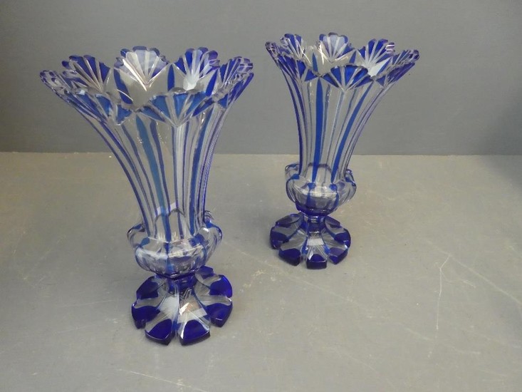 Pair of Victorian cut glass vases with blue overlay decorati...