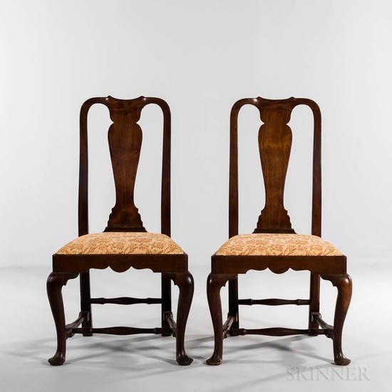Pair of Walnut Side Chairs, Massachusetts, c. 1740-60, with vasiform splats, slip seats, and cabriole legs ending in pad feet, (refinis