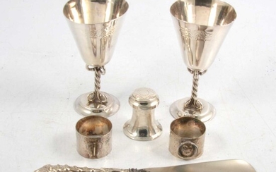 Pair of Zambian white metal goblets, and other white metal and silver wares.