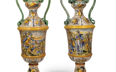 Pair of majolica vases with lids, late 19th-early 20th century