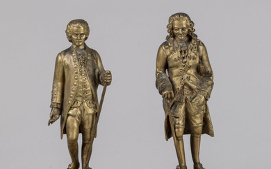 Paire de SCULPTURES en ronde-bosse en bronze doré à décor de "Voltaire" et "Rousseau" debout,...
