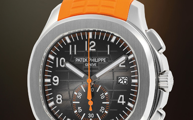 Patek Philippe, Ref. 5968A-001 A highly sought-after and sporty stainless steel flyback chronograph wristwatch with date, orange chronograph hand, Certificate of Origin, and presentation box