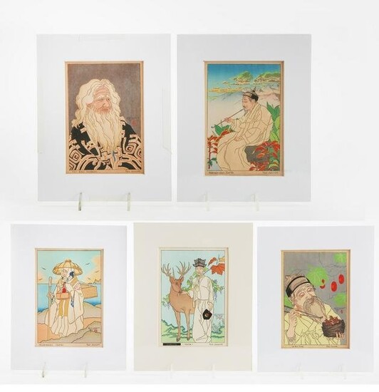 Paul Jacoulet, five miniature woodblock prints
