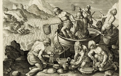Philips Galle (Haarlem, 1537 - Anversa, 1612) [excudit], La pesca delle ostriche giganti. 1578 [1596].
