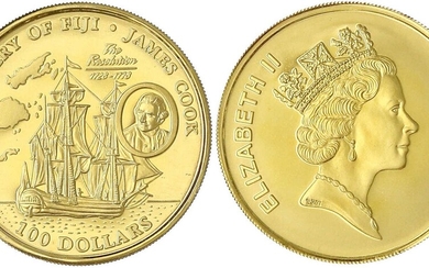 Pièces et médailles d'or étrangères, Îles Fidji, Élisabeth II, 1952-2022, 100 Dollars 1993 James Cook/Voile...