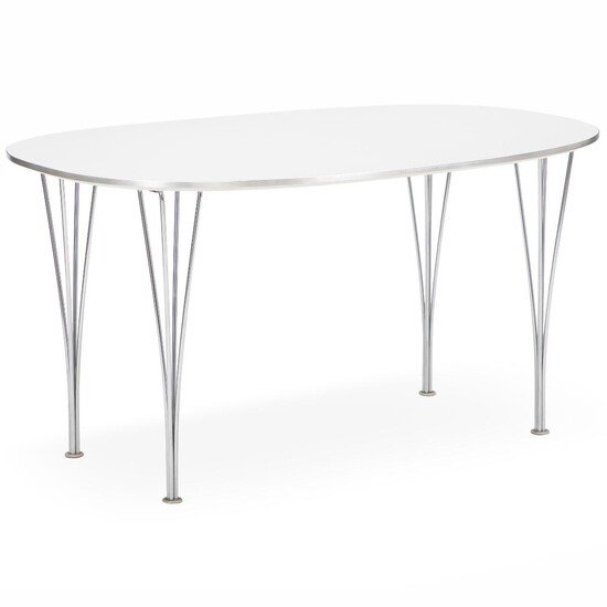 NOT SOLD. Piet Hein, Bruno Mathsson: “Superellipse”. DIning table with legs of steel. Top of white laminate. H. 70 cm. L. 135 cm. W. 90 cm. – Bruun Rasmussen Auctioneers of Fine Art