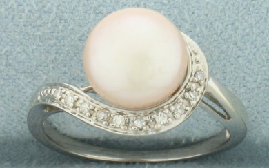 Pink Cultured Button Pearl and Diamond Ring in 10k White Gold