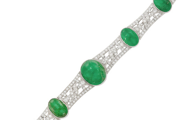 Platinum, Cabochon Emerald and Diamond Bracelet