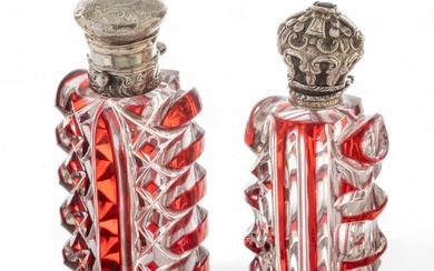 Pook, London Cranberry Overlay Crystal Scent Bottles, Sterling Caps Ca. 19th.c., 4", 3.7" 2 pcs