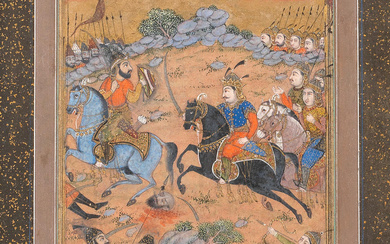 Princes in combat on horseback, probably an illustration to Firdausi's...