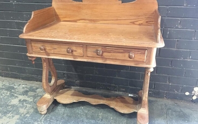 Probably Victorian Baltic Pine Washstand, with shaped gallery back, two frieze drawers, on shaped supports with stretcher (H:989 x W...