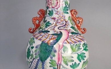 Qing Dynasty Qianlong period famille rose floral phoenix and double-handled fish-tail vase