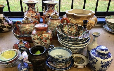 Quantity of antique and later Japanese ceramics, including a large Satsuma bowl, Imari vases, etc, together with a bronze censer