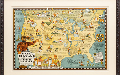 R.D. HANDY (1879-1959) LITHOGRAPH ON PAPER, H 18.75", W 28", PAUL BUNYAN'S PICTORIAL MAP OF THE UNITED STATES
